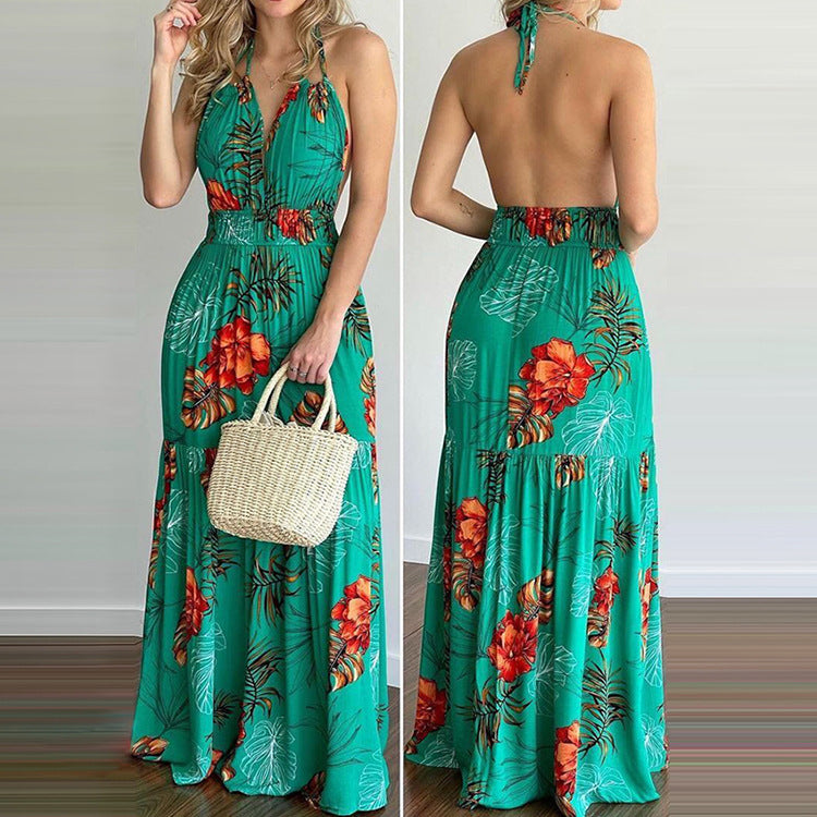 New European And American Halterneck Halter Print Holiday Style Long Skirt Dress Women