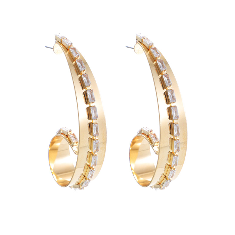 Geometric Alloy Exaggerated Metal C Shaped Spiral Earrings Inlaid With Shiny Rhinestones Gift Fashion Jewelry Women