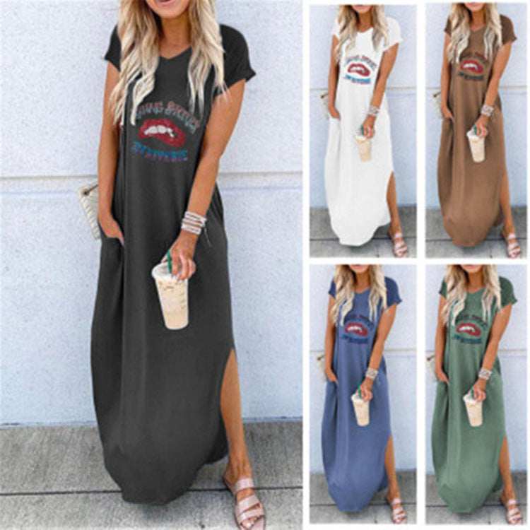 Women's Round Neck Short Sleeved Loose Printed Mid Length Dress