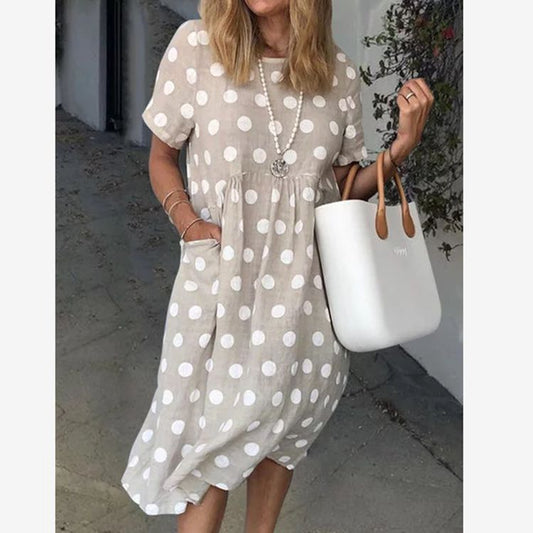 Loose Short Sleeve Dress with Polka Dot Print and Pockets