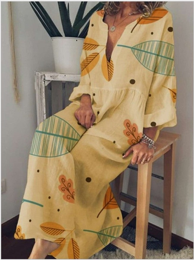 Bohemian V-neck Printed Loose Long-sleeved Dress