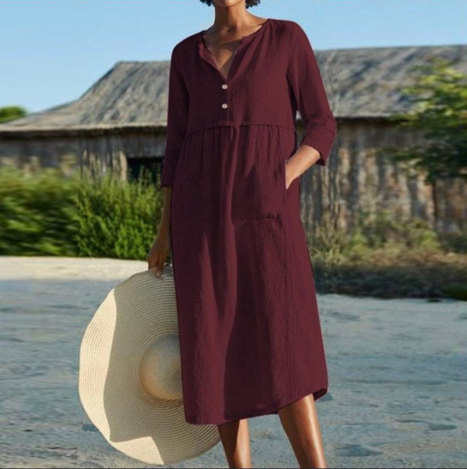 Plus size half sleeve linen cotton dress