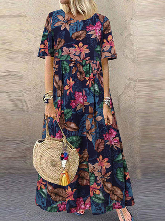 Long Dress Round Neck Casual Women's Retro