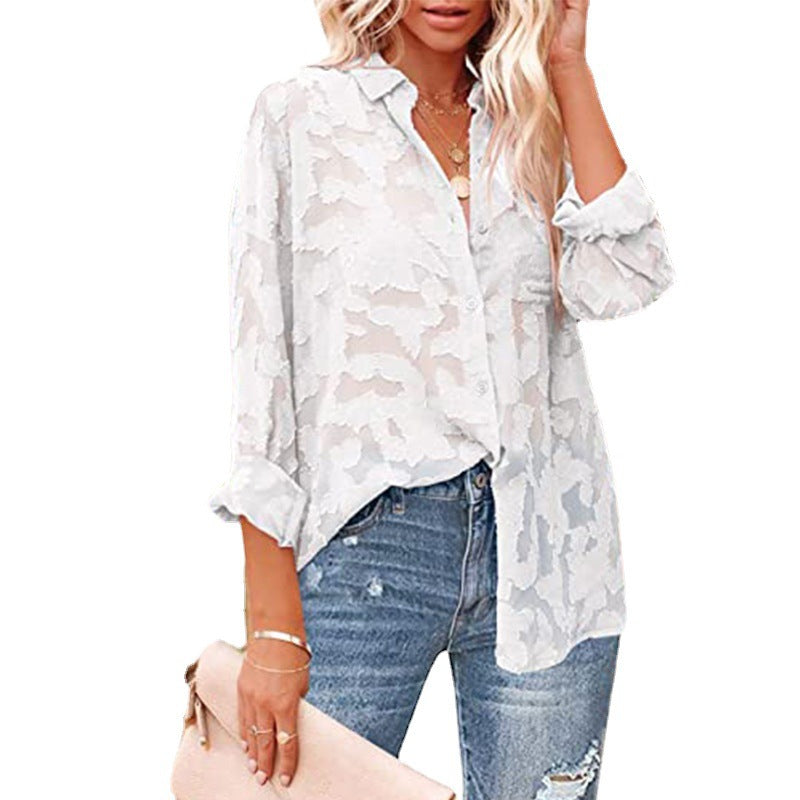 Women's Long Sleeve Shirt in Solid Color with Hollow Chiffon Jacquard and Button Detail