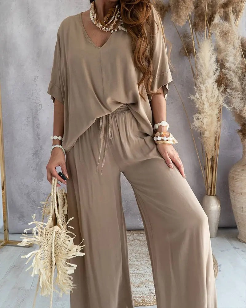 Fashion Solid V-neck Loose Suit For Women
