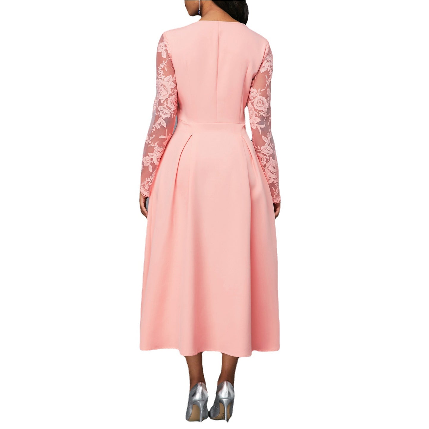 Fashionable Round Neck Lace Women's Dress High Waist Long Sleeves Printed Mid-length Dress