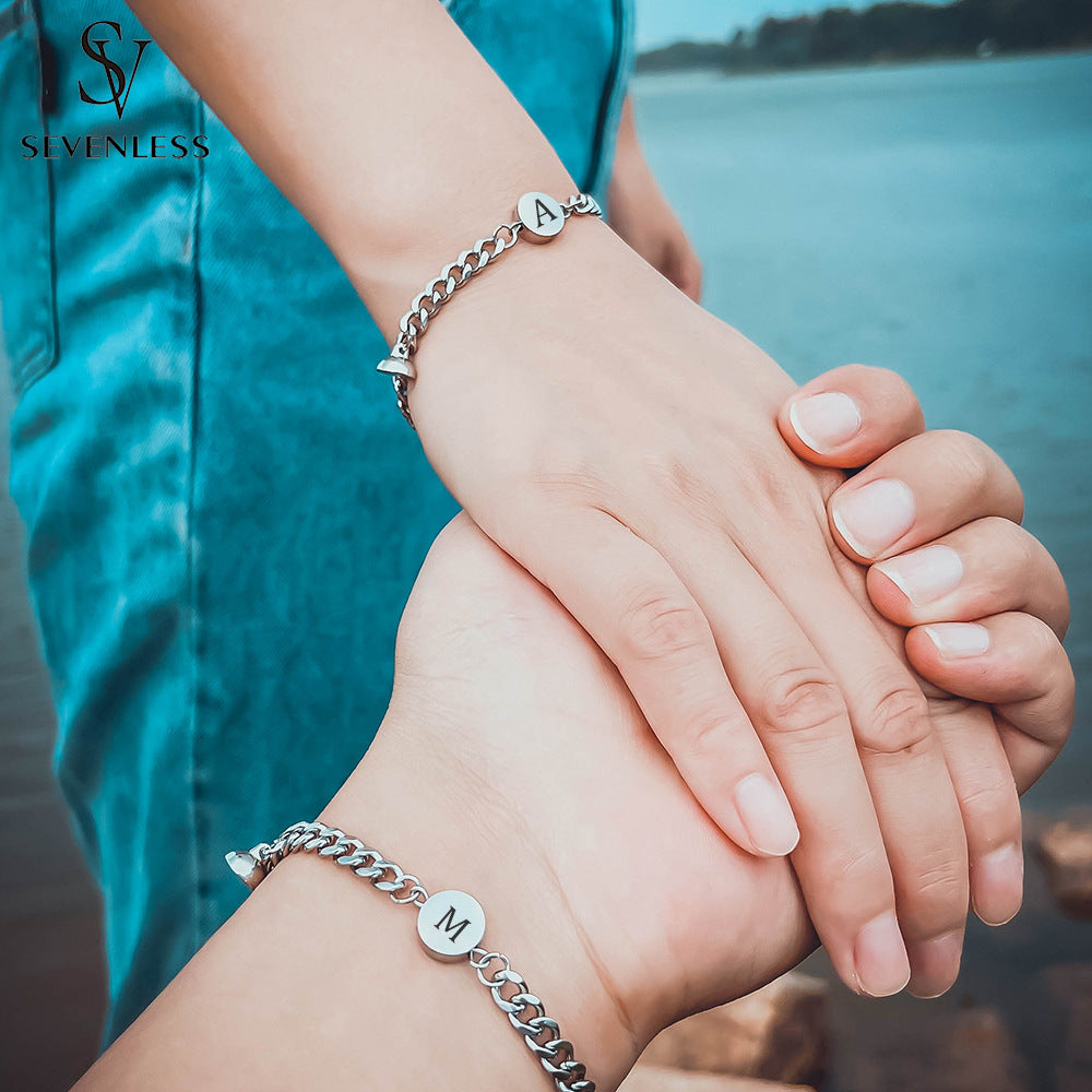 Couple Bracelet with English Letters: Titanium Steel Magnet Suction