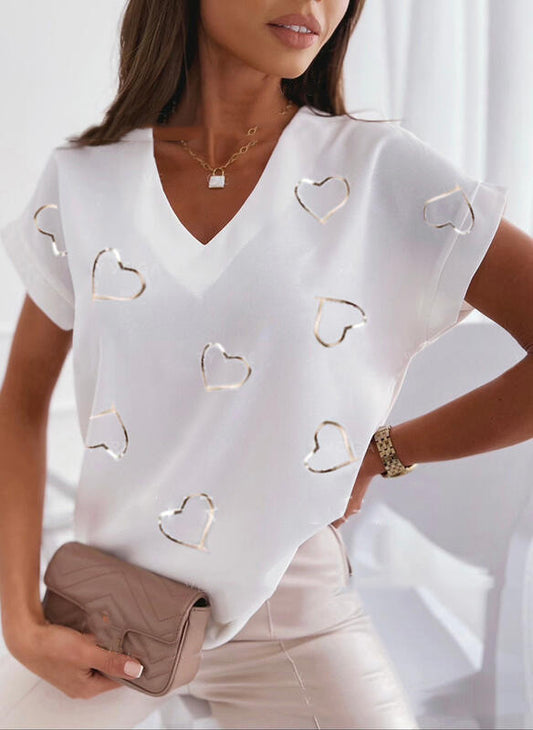 V-neck Heart Print Short-sleeved Women's T-shirt