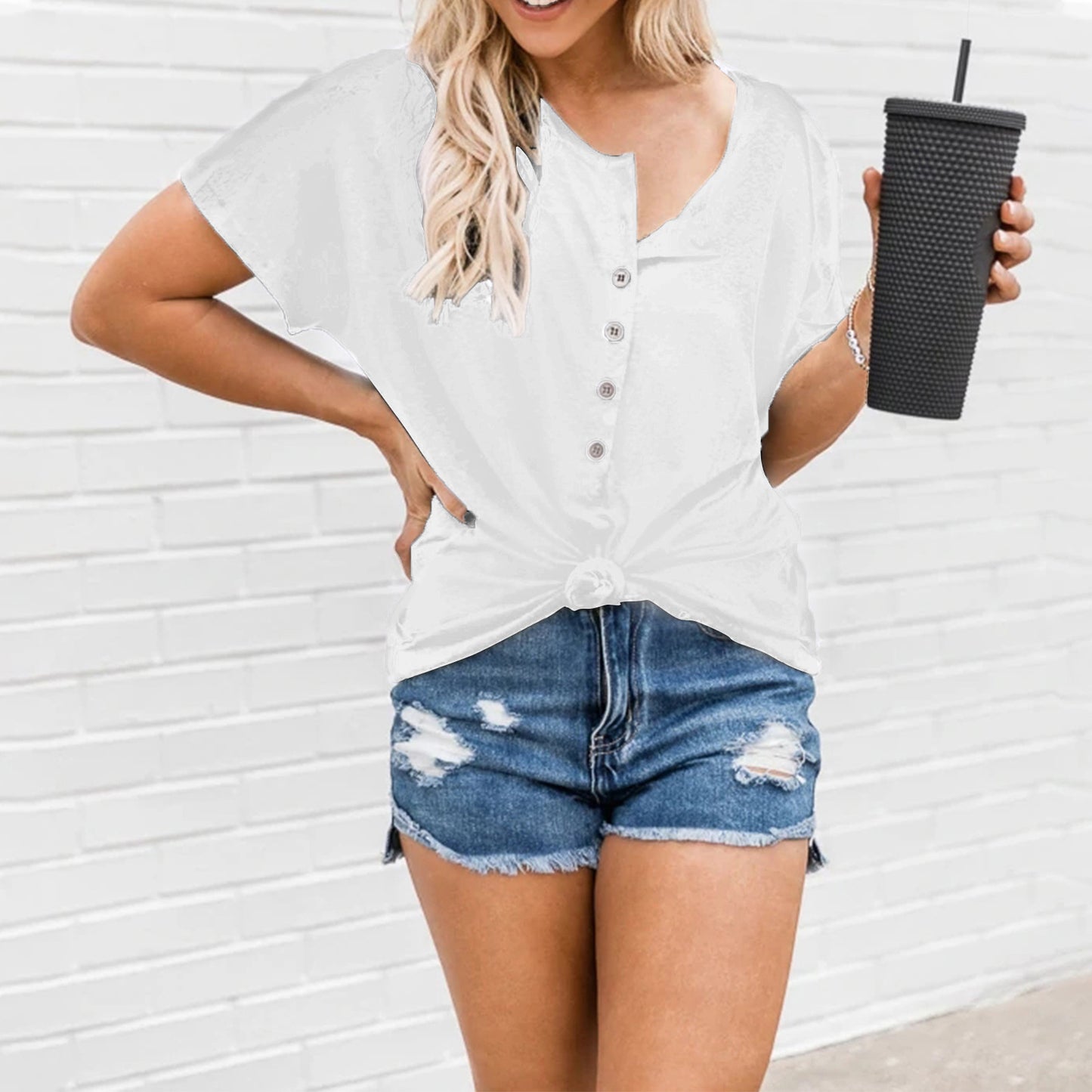 Irregular Hem Button Short-Sleeved T-Shirt for Fashionable Women