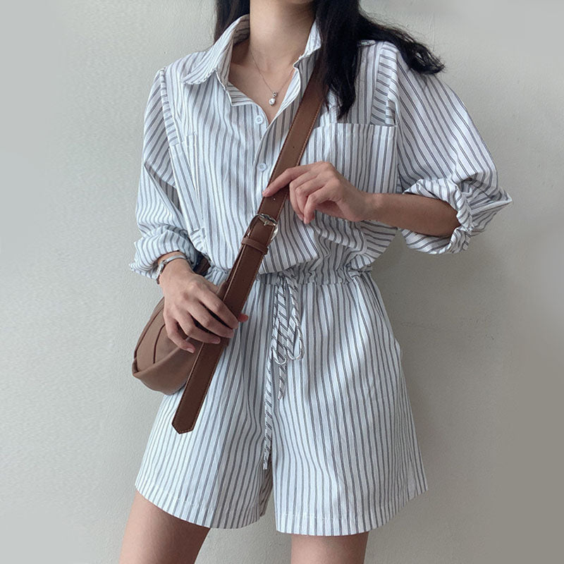 Women's Single Breasted Tie Waist Striped Shirt Style Jumpsuit