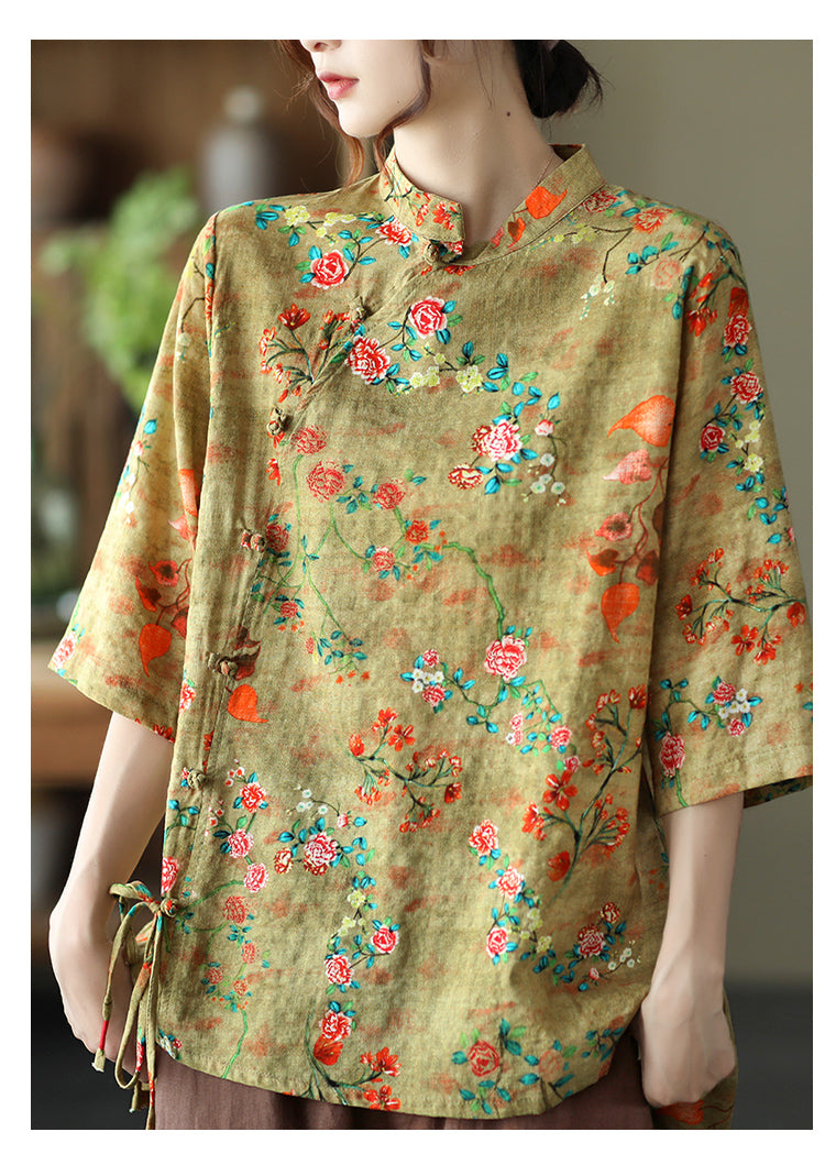 Retro Cotton and Linen Shirt with Stand-Up Collar and Printed Design
