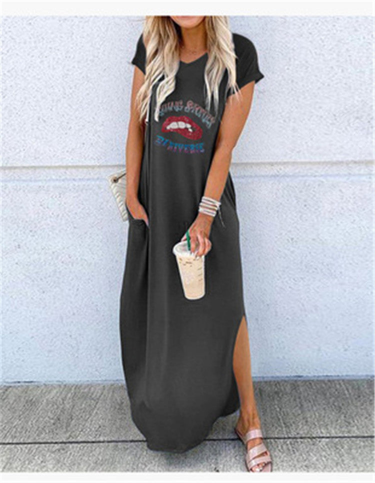 Women's Round Neck Short Sleeved Loose Printed Mid Length Dress