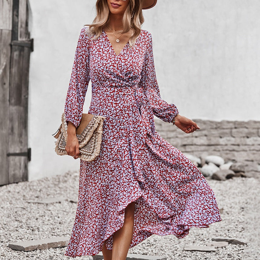 Floral Dress With Wrapped Chest Straps And Large Swing Skirt Casual Holiday Style