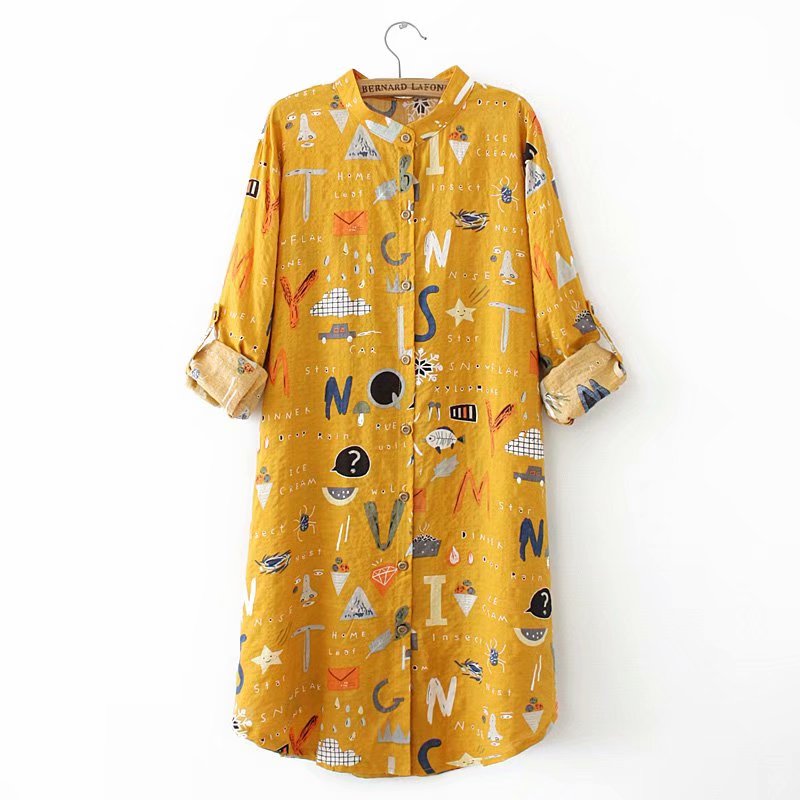 Loose Large Size Mid-Length Long-Sleeved Shirt for Women with Cartoon Print