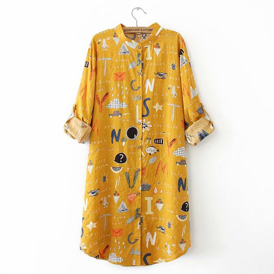 Loose Large Size Mid-Length Long-Sleeved Shirt for Women with Cartoon Print