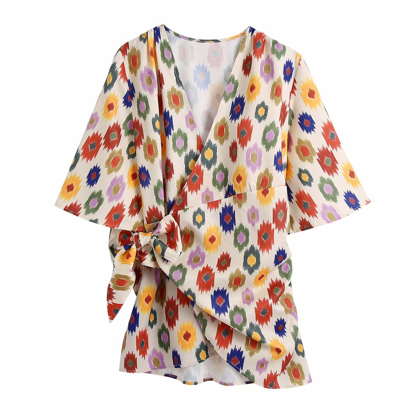 Printed Mini Dress with Mid-Length Sleeves and Wrapped Knotted Detail