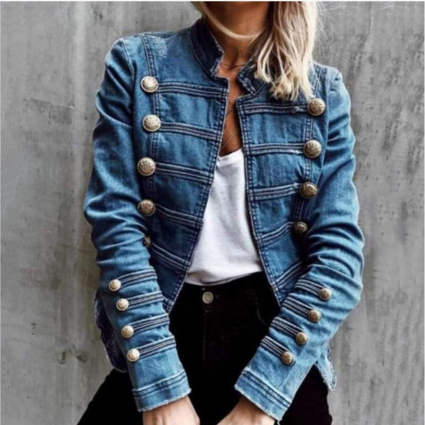 Double-Breasted Stitched Denim Jacket with Buckle Details
