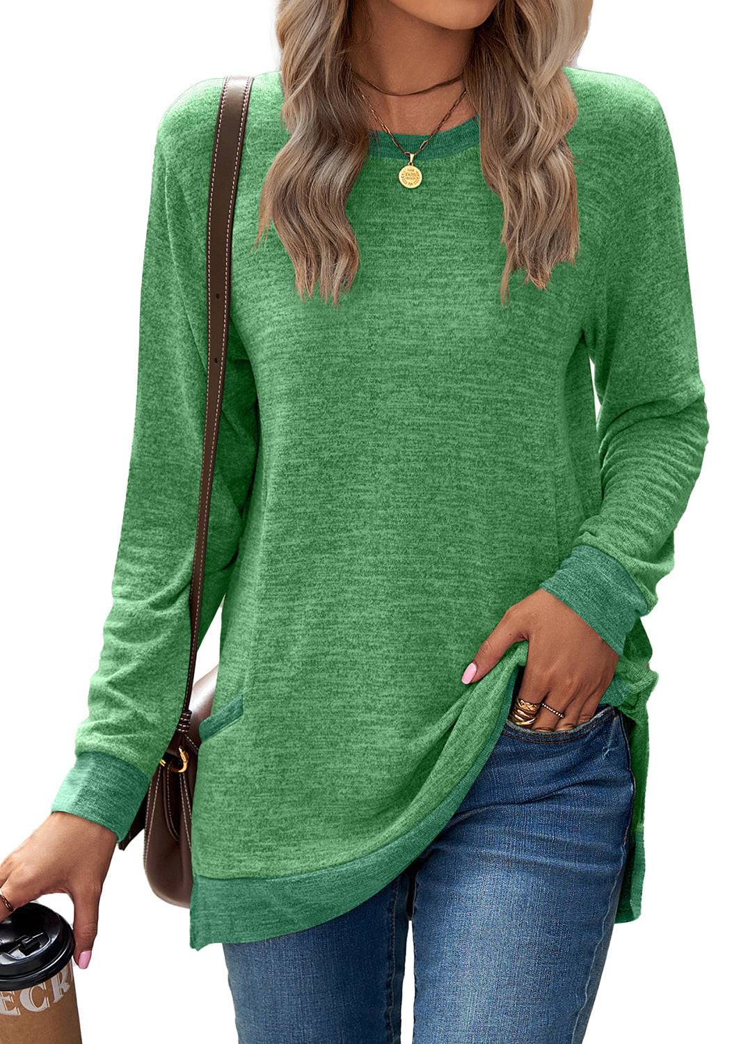 Round Neck Multicolor Pocket Long Sleeve Pullover Top Loose-fitting Casual T-shirt