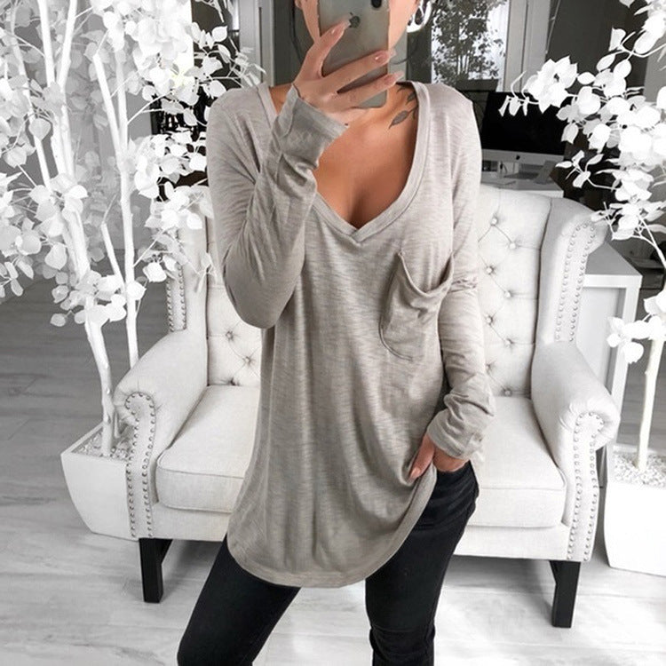 Fall Deep V-Neck Long-Sleeved Loose T-Shirt with Pocket Stitching