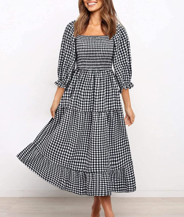 Ladies Plaid Cotton And Linen Elastic Waist Dress