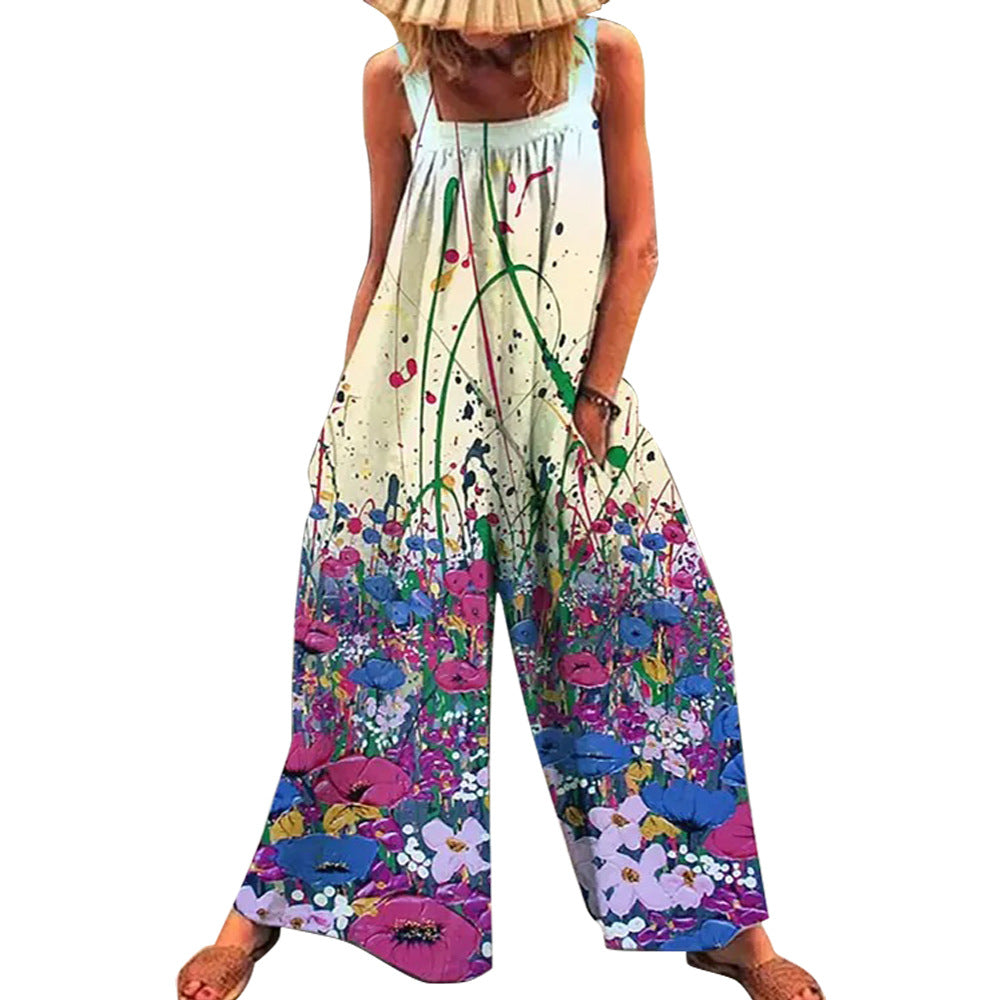 Women's Sleeveless Printed Sling Loose Casual Jumpsuit