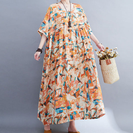 Summer New Artistic Retro Woven Cotton Printed Breathable Swing Dress For Women