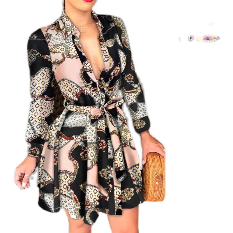 Fashionable Printed Dress with Long Sleeves, V-Neck, and Tie for a Sexy Look