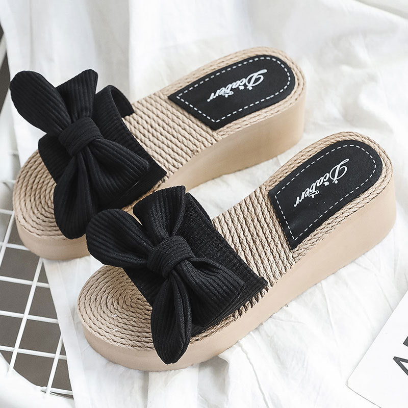 Summer New Bow Straw Woven Linen Bottom Women's Sandals Leisure Sandals High Heel Beach Fashion Wedge Slippers