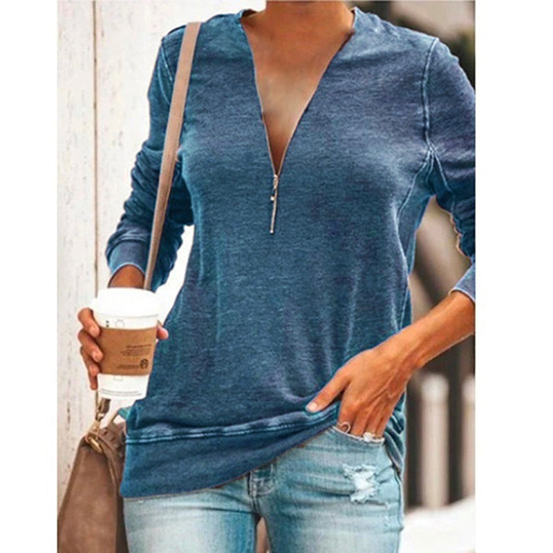 Large Size V-neck Zipper Long Sleeve T-shirt