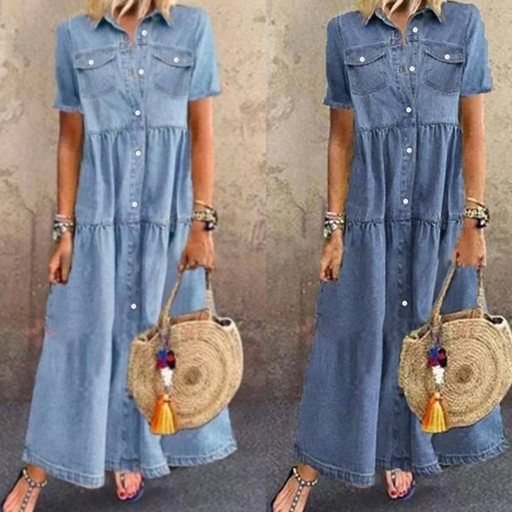 New Women's Solid Color Single-Breasted Denim Dress