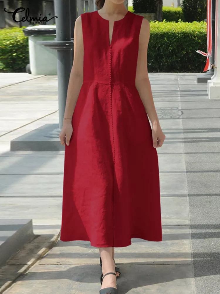 V-Neck Waistband Cotton And Linen Hem Slit Sleeveless Dress