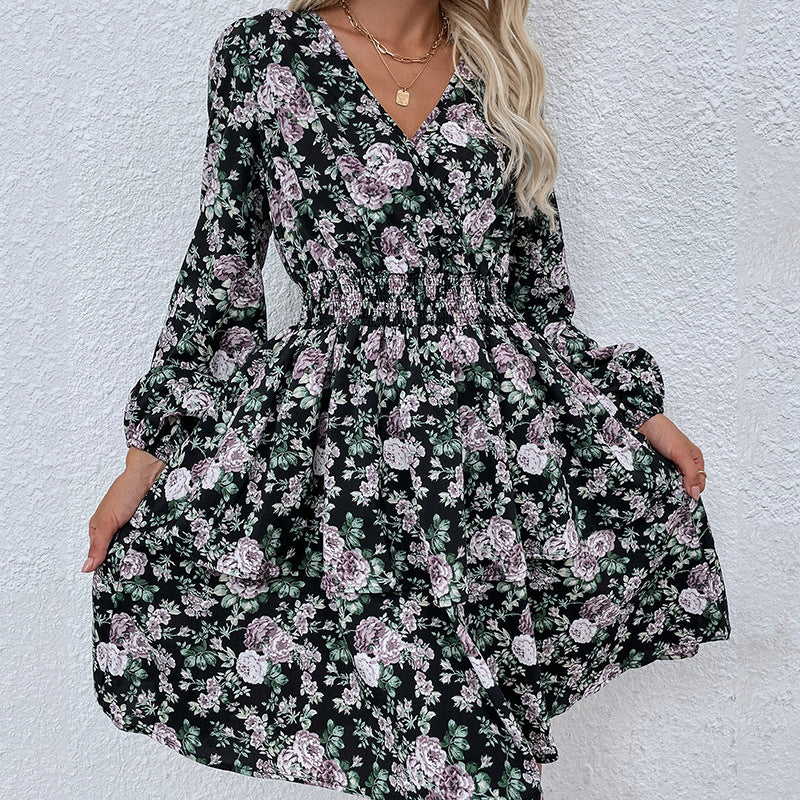 Autumn New Style Long-Sleeved Floral V-Neck Dress with Puff Sleeves