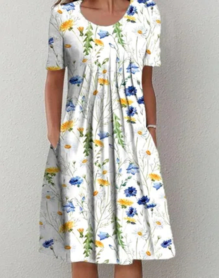 Floral Round Neck Midi Straight Dress for Casual Wear