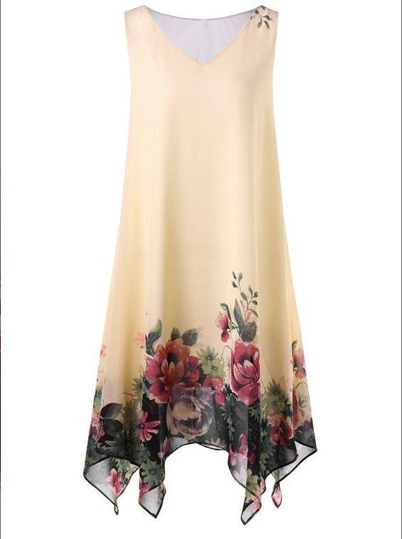 Large Size Women's Sleeveless V-neck Chiffon Positioning Flower Irregular Dress