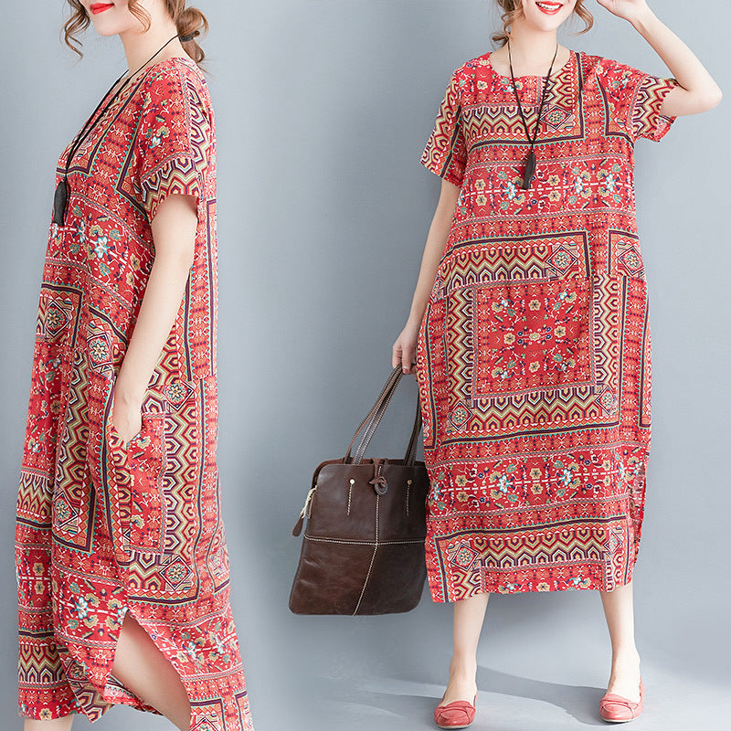 Women's Literary Retro Loose Print Ethnic Style Dress: New Arrival