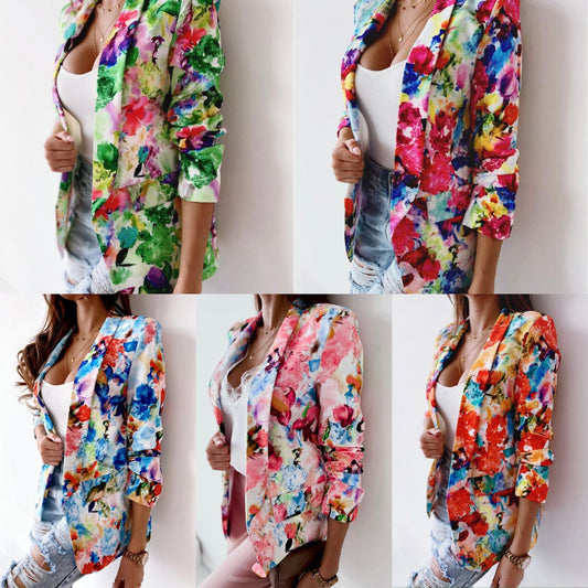 Floral Digital Printing Long Sleeve Lapel Women's Slim Fit Jacket