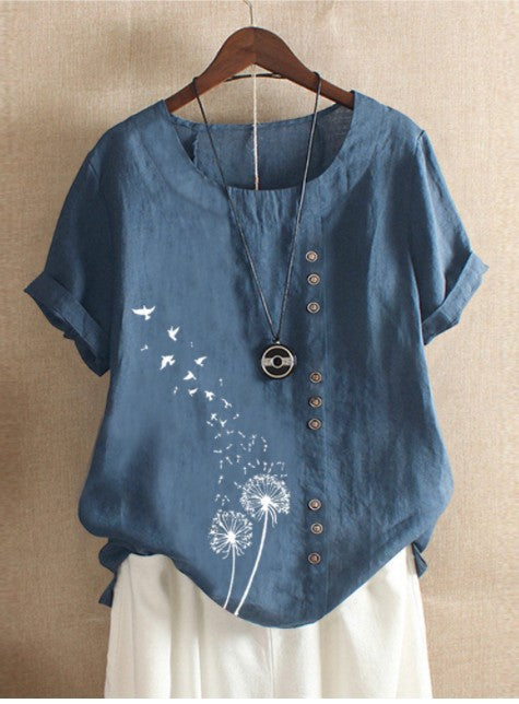 Retro Cotton And Linen Print Loose Short-Sleeved Casual Shirt