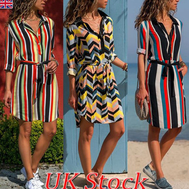 Hot Sale Striped Long Sleeve Shirt Collar Tied Dress