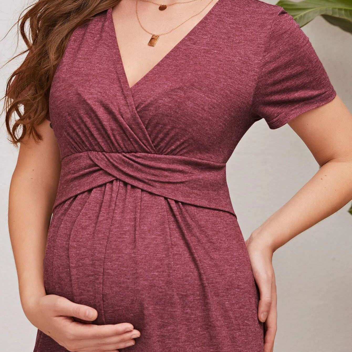 Red Long Skirt Short Sleeve Maternity Dress