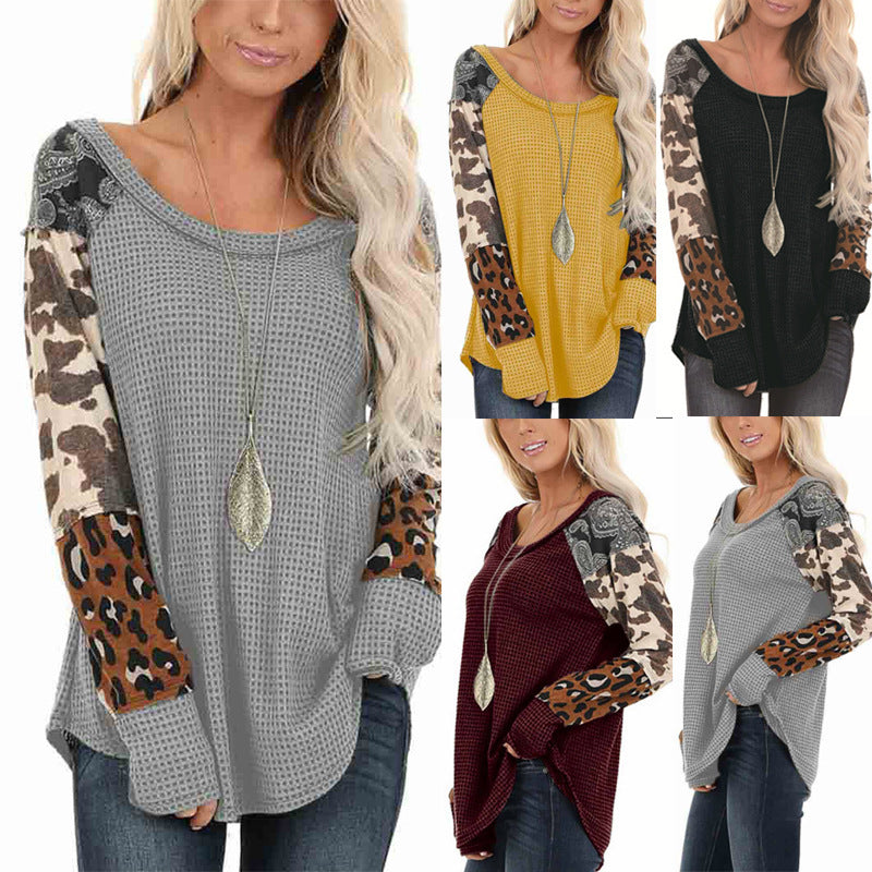 Women's Printed Patchwork Pullover Round Neck Long Sleeve T-Shirt Top