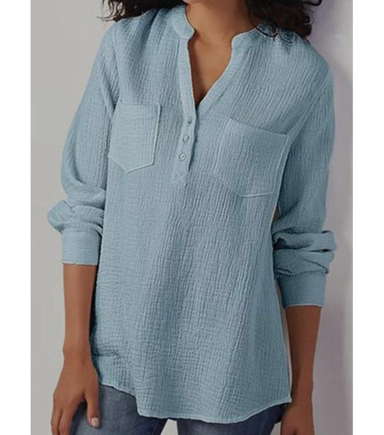 Solid Color V-Neck Plus Size Shirt for Women in Loose Cotton and Linen Fabric with Pockets