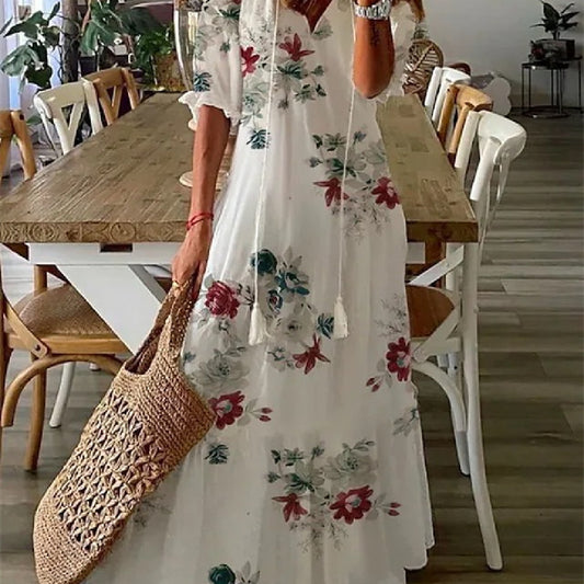 Women's Long Dress with Medium-Length Sleeves and Printed Design