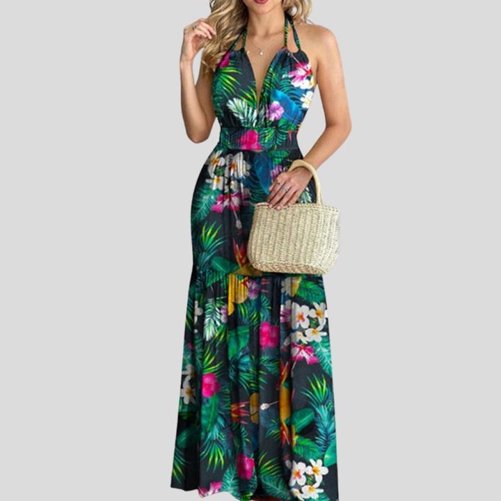 New European And American Halterneck Halter Print Holiday Style Long Skirt Dress Women