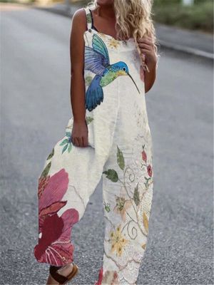 Women's Wide Leg Jumpsuit with Printed Sling and Pocket Detail