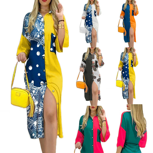 Stretch Wrap Hip Collar Dress with Printed Design, Button Details, and Contrast Pocket