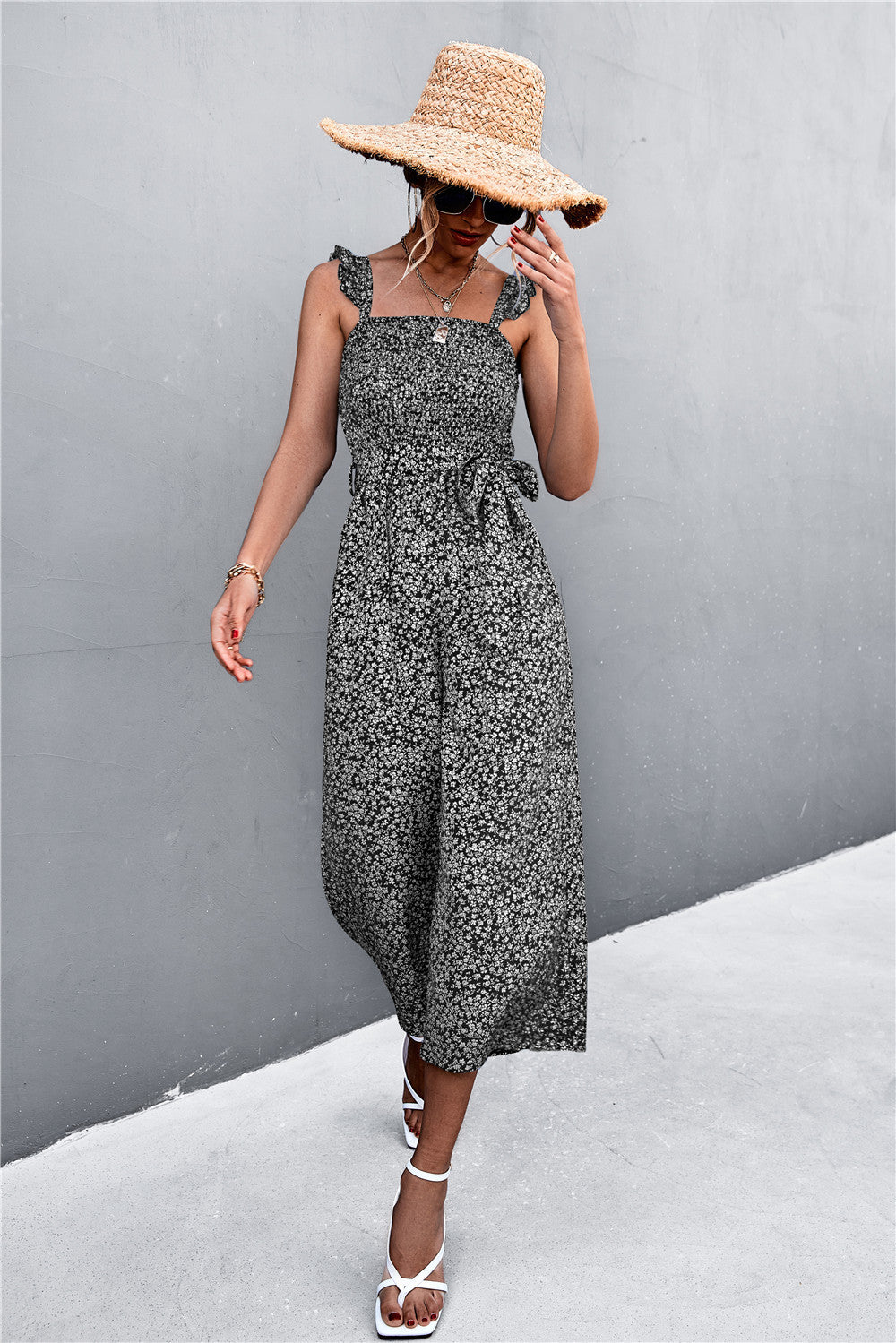 Floral Sleeve Jumpsuit with Flying Sleeves and Belt