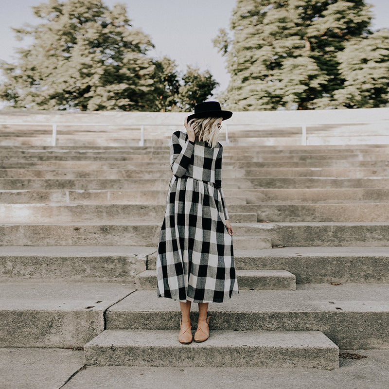 Checkered Women's Dress with a Round Neck