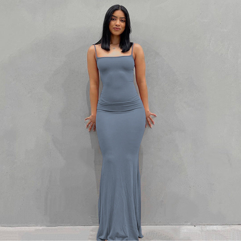 New Fashion Solid Color Sleeveless Sling Long Dress