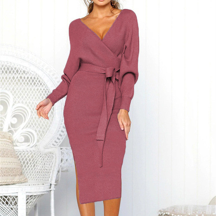 Women's Sexy V-neck Tie Long-sleeved Dress