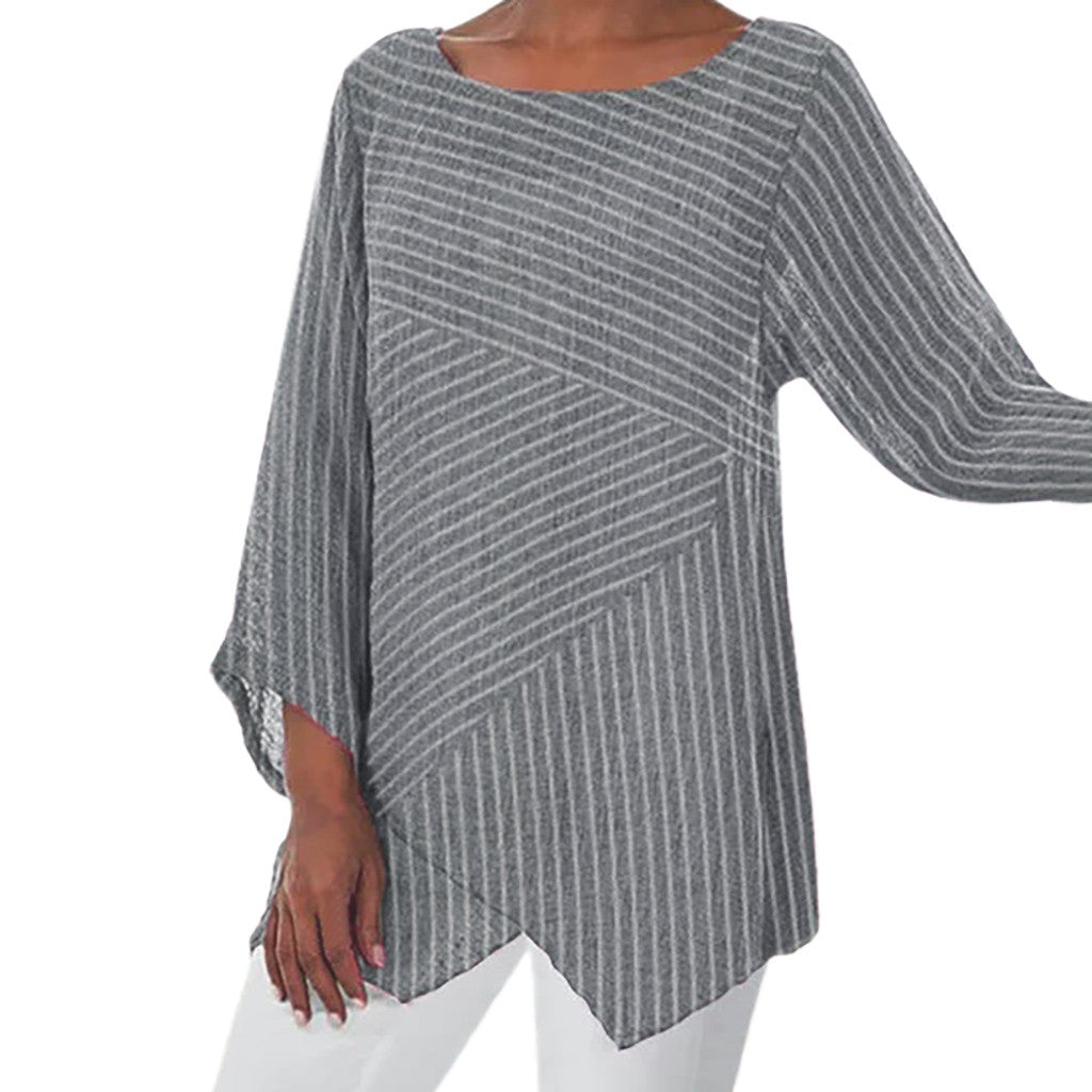 V-neck striped irregular long-sleeved shirt